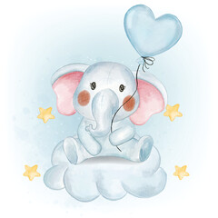 Cute Baby Elephant Holding Heart Shape Balloon Watercolor