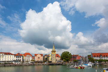 Fototapeta premium Harbor view of the city of Lindau, Lake Constance, Germany