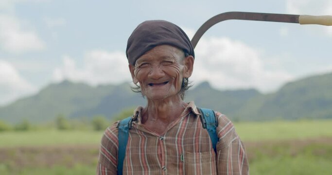 Happy Smiling Asian Male Farmer More Than Sixty Years Old With A Syringe Tank On His Back With Beautiful High Mountain Views,smiling And Laughing Happily.