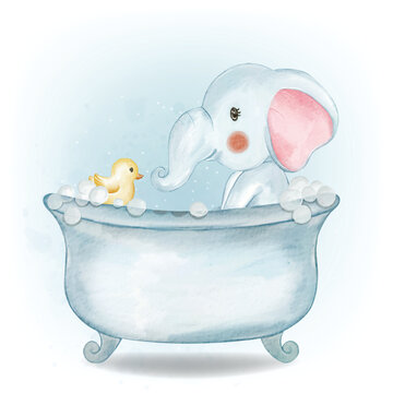 Blue Baby Elephant With A Duck On The Bath Watercolor