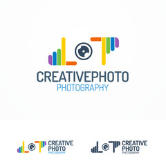 Photography logo set with lens and colorful hands line color style for use photostudio, photoalbum, photoschool, photoeducation, photolaboratory, food photo; wedding and etc. Vector Illustration