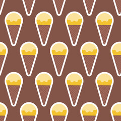 Yellow ice cream scoop in waffle cone seamless pattern brown chocolate background