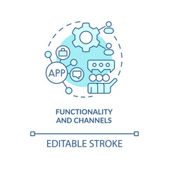 Functionality and channels turquoise concept icon. Client engagement platform feature abstract idea thin line illustration. Isolated outline drawing. Editable stroke. Arial, Myriad Pro-Bold fonts used