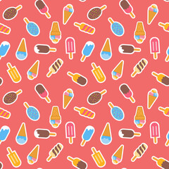 Chocolate covered creamy ice cream and waffle cone with sorbet scoop seamless pattern for design