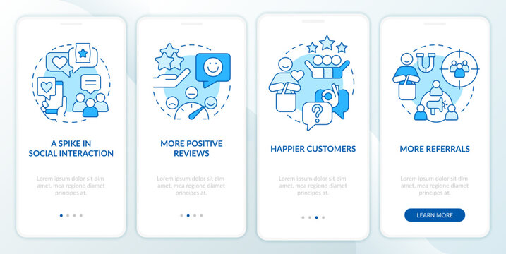 Tracking customer engagement blue onboarding mobile app screen. Walkthrough 4 steps editable graphic instructions with linear concepts. UI, UX, GUI template. Myriad Pro-Bold, Regular fonts used