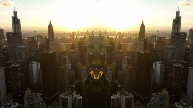 Amazing aerial panoramic shot of Manhattan at sunset. Abstract computer effect digital composed footage.