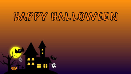 ハッピーハロウィンの背景 文字有り 
かぼちゃ　コウモリ　お城　お化け