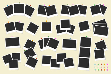 Photo frame set pinned push button with shadow isolated on beige background ready for your use. Vector illustration