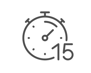 Timer 15 minutes line icon. Stopwatch time sign. Countdown clock symbol. Quality design element. Linear style timer icon. Editable stroke. Vector