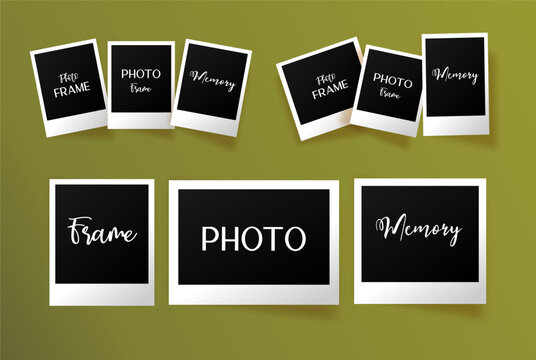 A set of photo frames on a beautiful background with a shadow. There are many frames with a white border and a black middle. Instant photos. Realistic photo frames.