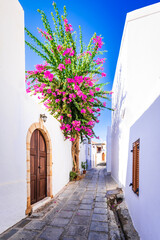 Rhodes, Greece. Beautiful narrow street in downtown of Lindos