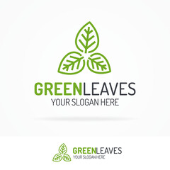 Green leaves logo set line style for use natural product, alternative medicine, nature firm, organic shop, ecology company, green unity, garden, farming, forest etc. Vector Illustration