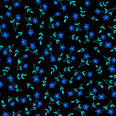 Floral seamless pattern. Blue flowers on black background