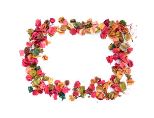 Beautiful flowers frame natural dyes Isolated on white background.flat lay, top view