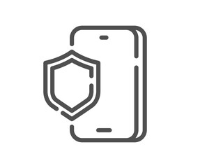 Phone protection line icon. Smartphone or Cellphone antivirus sign. Mobile accessories symbol. Quality design element. Linear style phone protection icon. Editable stroke. Vector