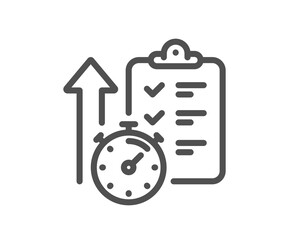Timer line icon. Stopwatch time results sign. Report checklist with countdown clock symbol. Quality design element. Linear style timer icon. Editable stroke. Vector