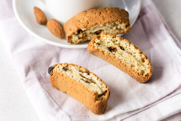 White Cup of Strong Coffee Served with Italian Almond Cookies Cantucci Gray Background Napkin Horizontal