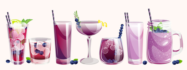 A set of blueberry cocktails. Refreshing drinks in different glasses with blueberries.Blueberry smoothie, blueberry milkshake, mojito, juice.Vector illustration.