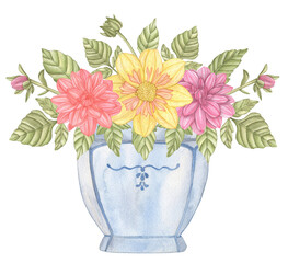 Watercolor bouquet of dahlia flowers and leaves in blue vintage vase isolated on a white background.