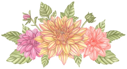 Gardinen Watercolor illustration bouquet of colorful dahlia with green leaves isolated on a white background. © nanyasem