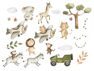 Safari Animals Baby Watercolor Illustration with lion, zebra, giraffe, monkey and elephant  - obrazy, fototapety, plakaty