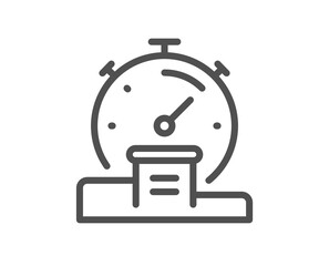 Fototapeta premium Timer line icon. Stopwatch time results sign. Podium with countdown clock symbol. Quality design element. Linear style timer icon. Editable stroke. Vector