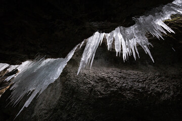 Glorious icicles and icefall in the winter gorge