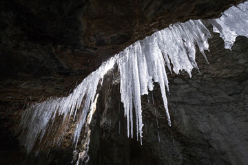 Glorious icicles and icefall in the winter gorge