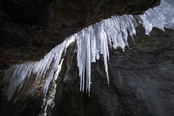 Glorious icicles and icefall in the winter gorge
