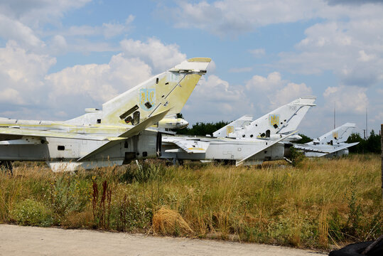 BILA TSERKVA, UKRAINE - AUGUST 25: The view on disassembled Ukrainian Sukhoi Su-24 supersonic all-weather attack aircrafts on August 25, 2021 in Bila Tserkva, Ukraine.