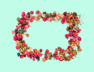 Beautiful flowers frame natural dyes Isolated background.flat lay, top view