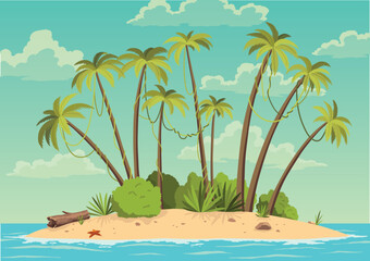 Robinson crusoe island. Desert island in ocean and palm coconut trees. Tropical paradise landscape, sandy beach flat cartoon vector illustration - obrazy, fototapety, plakaty