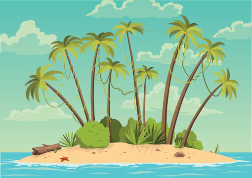 Robinson crusoe island. Desert island in ocean and palm coconut trees. Tropical paradise landscape, sandy beach flat cartoon vector illustration