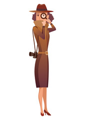 Female private detective or inspector investigate crime and look for evidence. Detective character with magnifying glass cartoon flat style. Investigator in hat and coat solving crime