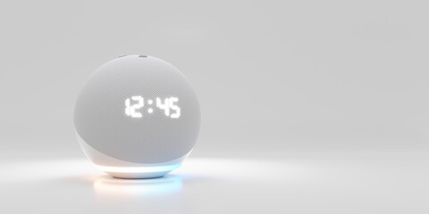 Voice controlled speaker with activated voice recognition, on white background. 
