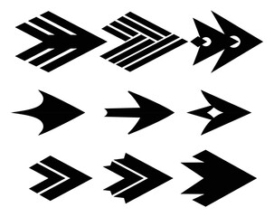 Arrows collection in black color on white background for web design, mobile apps, interface. Modern graphic direction signs, cursor icons. Vector arrow different shapes in modern simple flat style