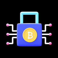 Digital Bitcoin Lock 3D Render Against Black Background.