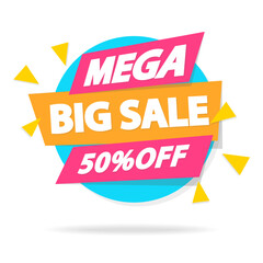 Sale sticker with sign mega big sale for special offer, advertisement tag, sale, big sale, mega sale, hot price, discount poster isolated on white background. Vector Illustration