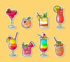 Vector collection of drinks stickers. Cocktail and drink menu illustrations for bar card, price list. Set of colorful stickers with cocktails