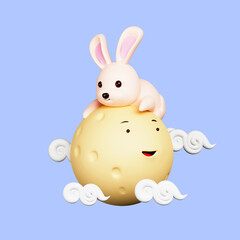 3D Render Of Cute Little Bunny Sleeping On Full Moon With Sky Background.