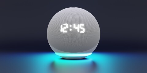 Voice controlled speaker with activated voice recognition, on white background. 3d render illustration