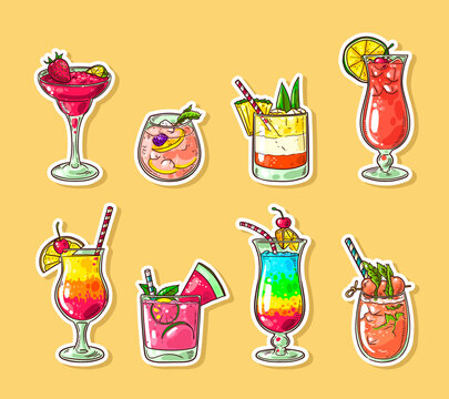 Vector collection of drinks stickers. Cocktail and drink menu illustrations for bar card, price list. Set of colorful stickers with cocktails