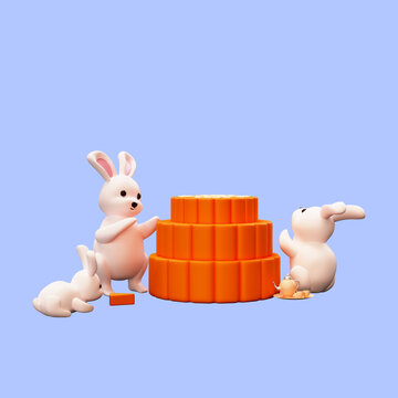 3D Render Illustration Of Cute Bunny Eating Mooncake Against Sky Blue Background.