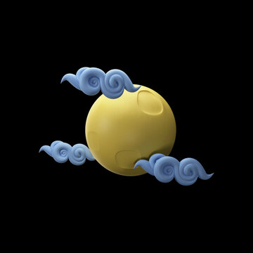 3D Wavy Cloud With Full Moon Blue And Yellow Illustration Over Black Background.