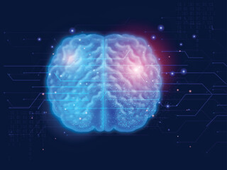 Biotechnology concept with Human Brain. Virtual Healthcare Background with Circuit Rays.