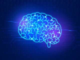 Biotechnology concept with Human Brain. Virtual Healthcare Background with Circuit Rays.