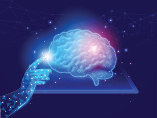 Fototapeta premium AI Healthcare concept with Human Hands Touching Virtual Human Brain, Poping Up from Tablet, Blockchain background.