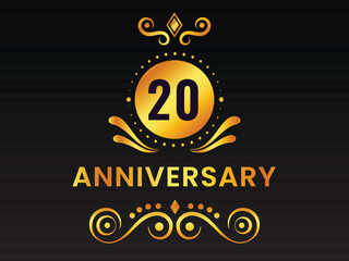 Golden 20th Anniversary Emblem On Black Background.