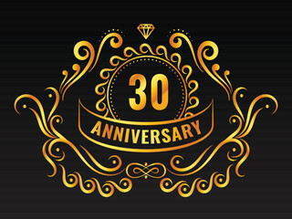 Golden 30th Anniversary Emblem Logo With Flourish Or Motif On Black Background.