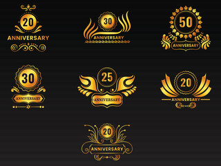 Golden Various Year Anniversary Emblem Logo On Black Background.